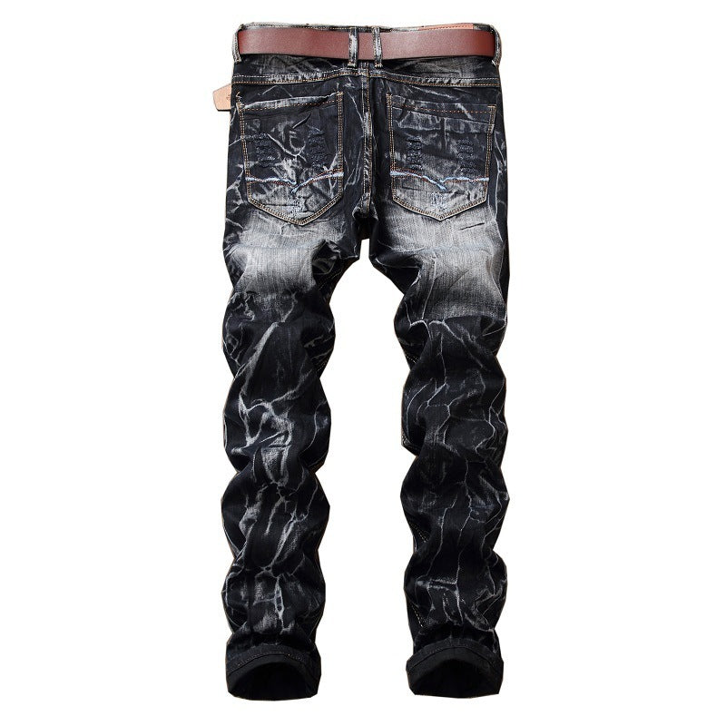 Distressed Slim Fit Straight-leg Denim Men's Broken Holes Pants