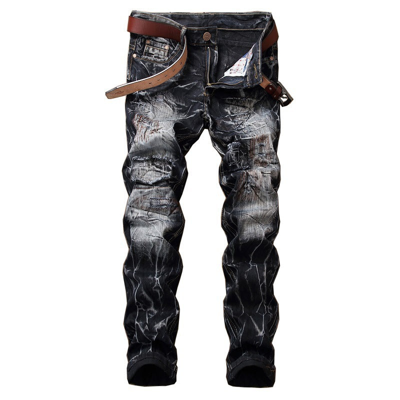 Distressed Slim Fit Straight-leg Denim Men's Broken Holes Pants