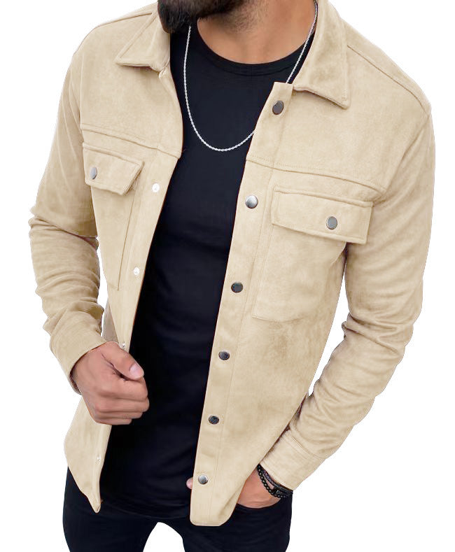 Men's Leather Jacket Casual Suede Button Pocket Tops