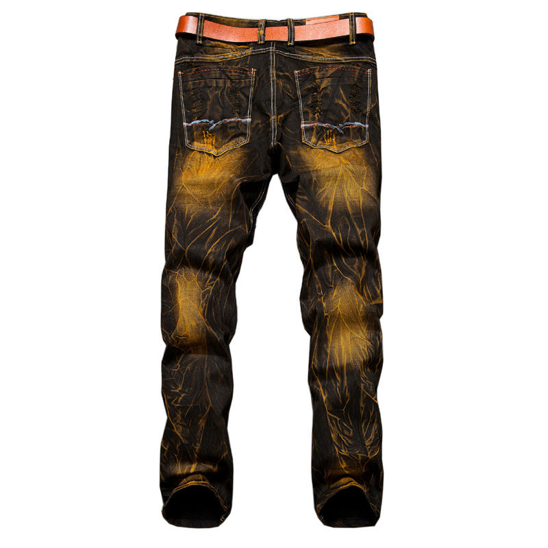 Distressed Slim Fit Straight-leg Denim Men's Broken Holes Pants