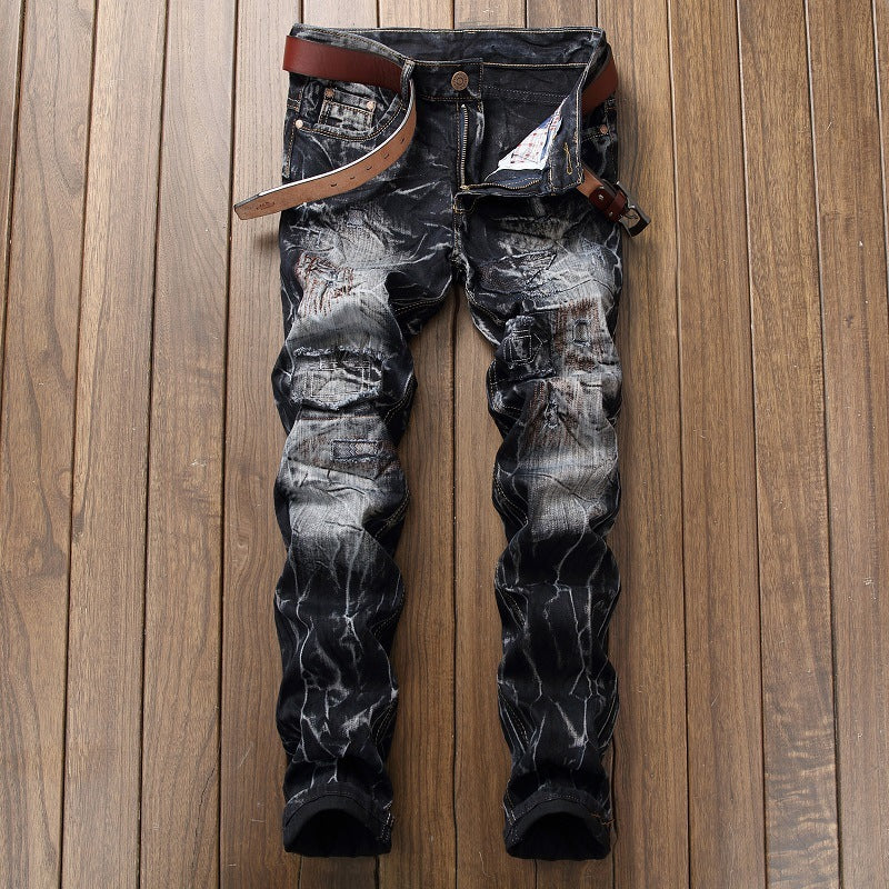 Distressed Slim Fit Straight-leg Denim Men's Broken Holes Pants