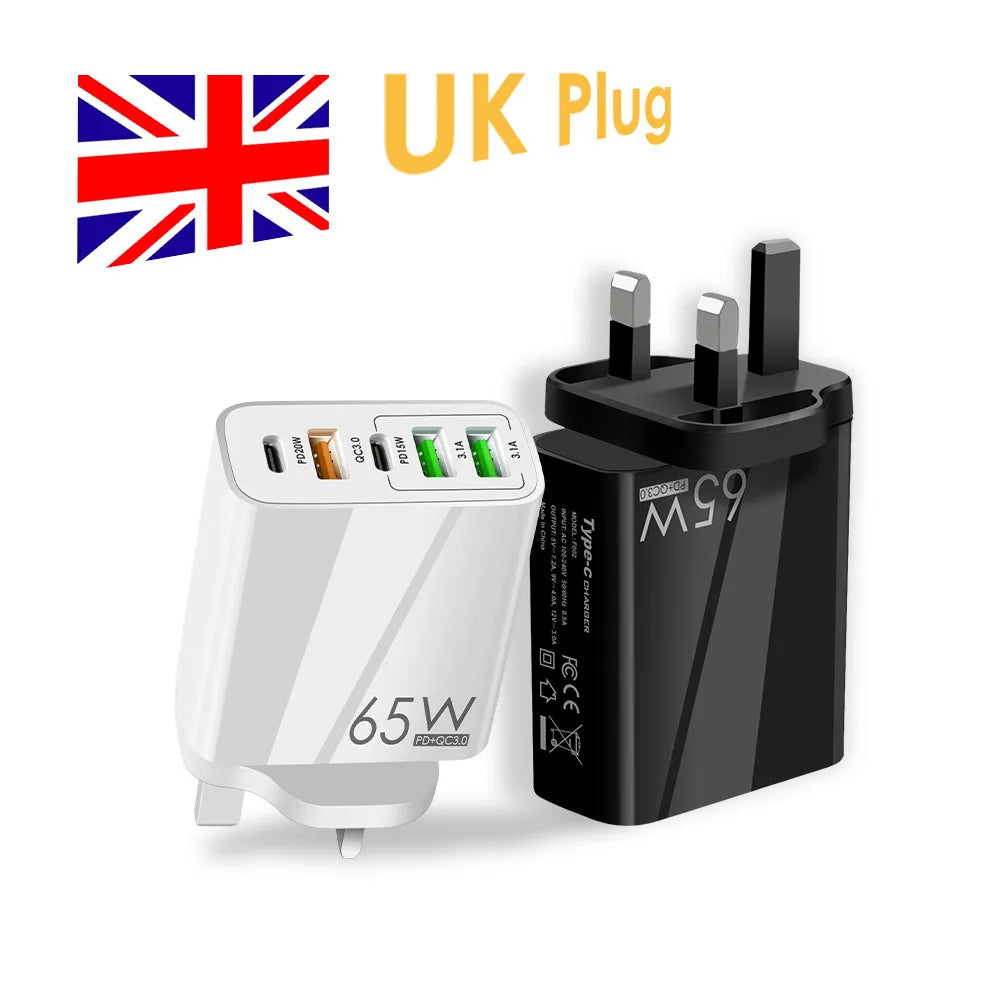 EU/US/UK Plug USB Charger 65W PD Quick Charge 3.0 Phone Adapter for iPhone 14 Pro Max Tablet Portable Wall Mobile Fast Charger