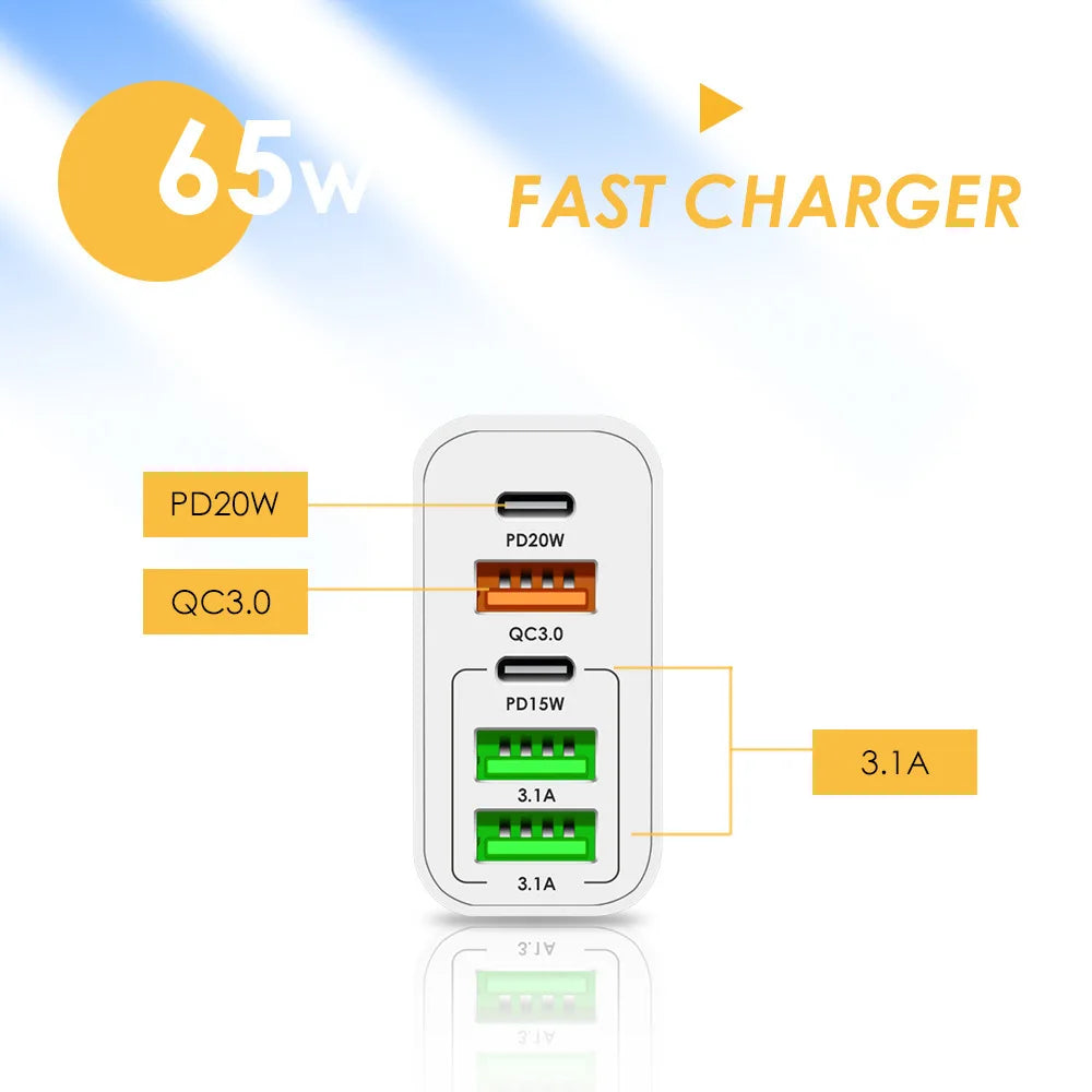 EU/US/UK Plug USB Charger 65W PD Quick Charge 3.0 Phone Adapter for iPhone 14 Pro Max Tablet Portable Wall Mobile Fast Charger