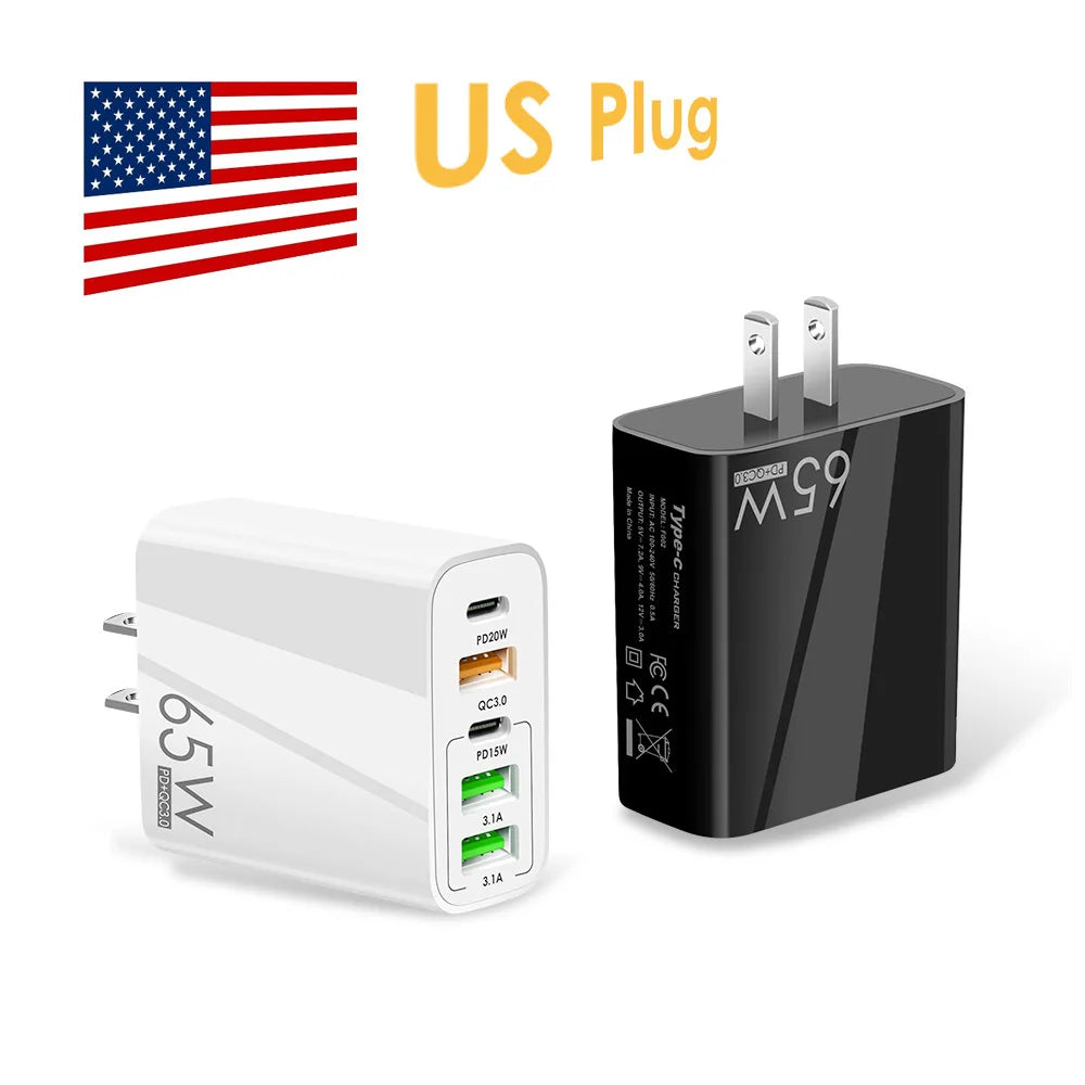 EU/US/UK Plug USB Charger 65W PD Quick Charge 3.0 Phone Adapter for iPhone 14 Pro Max Tablet Portable Wall Mobile Fast Charger